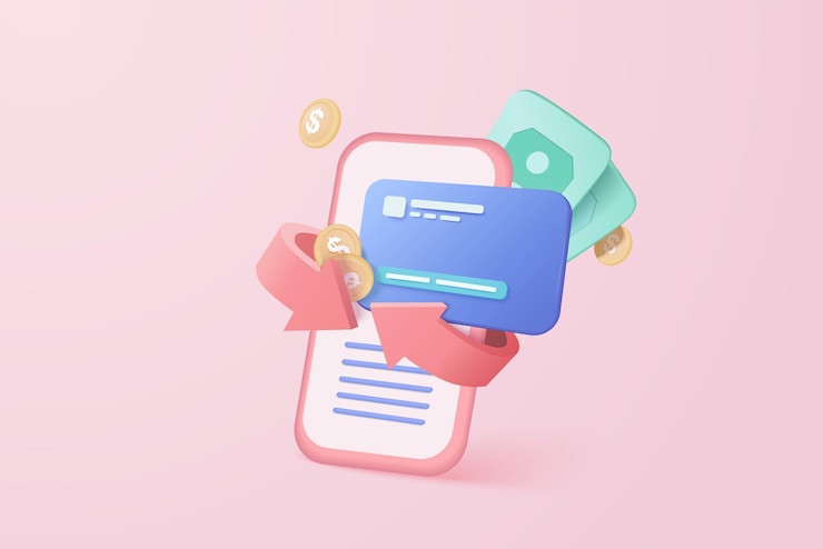 Vector reembolso de dinero de reembolso de vector 3d con dinero de tarjeta de crédito con billetera en pago en línea de aplicación móvil y concepto de ahorro de dinero en segundo plano representación de tarjeta de crédito de reembolso 3d para banco comercial