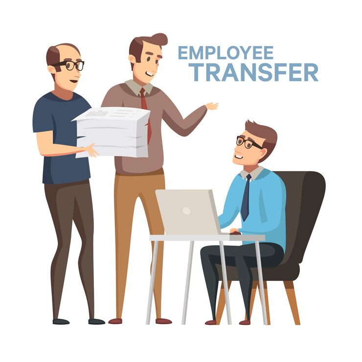 Reemplazo de empleados. Ilustración de stock de rotación de trabajadores en estilo de dibujos animados plana. Jefe o gerente de transferencia de empleado a otro lugar de trabajo, rotación de trabajo. Despido injusto en los negocios.