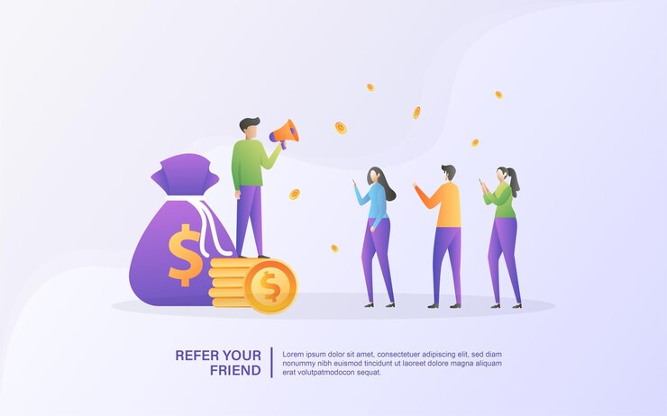 Vector refiera un concepto de amigo. afiliarse a una sociedad y ganar dinero. estrategia de mercadeo. programa de recomendación y marketing en redes sociales.
