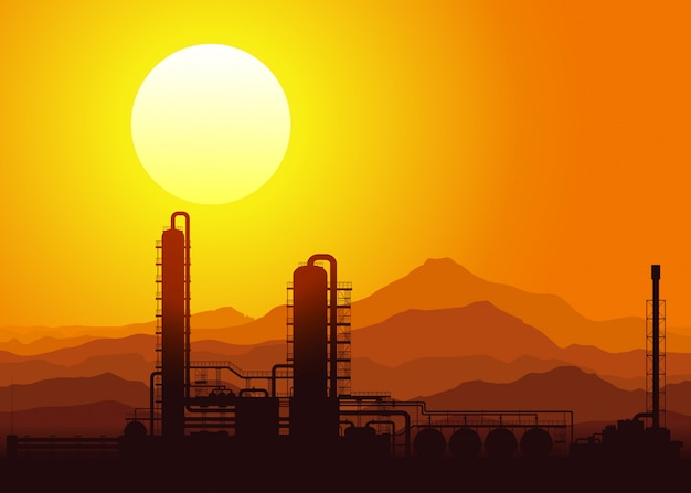 Vector refinería de petróleo al atardecer