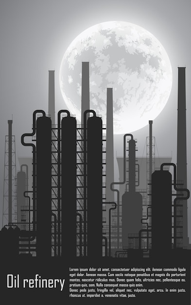 Refinería de petróleo y gas o planta química por la noche. ilustración vectorial