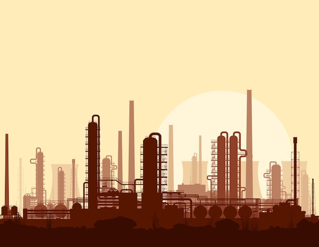 Refinería de petróleo y gas o planta química con tanques de tren al atardecer ilustración vectorial