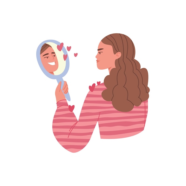 El reflejo en el espejo expresa amor la mujer sostiene un espejo y mira su reflejo concepto de reflexión de autoayuda percepción positiva ilustración vectorial sobre un fondo blanco aislado