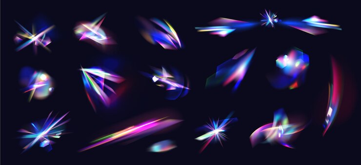 Vector reflexión de diamante efecto de filtración de cristal iridescente reflexiones de deslumbramiento luces de arco iris ópticas superposición de rayas deslumbradoras lentes de colores y destellos de luz con efectos vectoriales transparentes