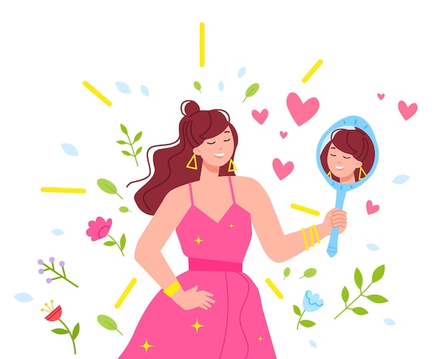 Reflexión egoísta mujer satisfecha de sí misma mira en espejo en forma de mujer ego orgulloso narcisismo femenino amor egoísta hermoso cuerpo delgado sonriendo engreído identidad vector ilustración