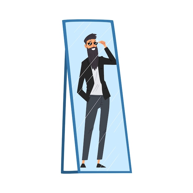 Reflexión del exitoso hombre hipster en el espejo Ilustración vectorial del concepto de Alter Ego