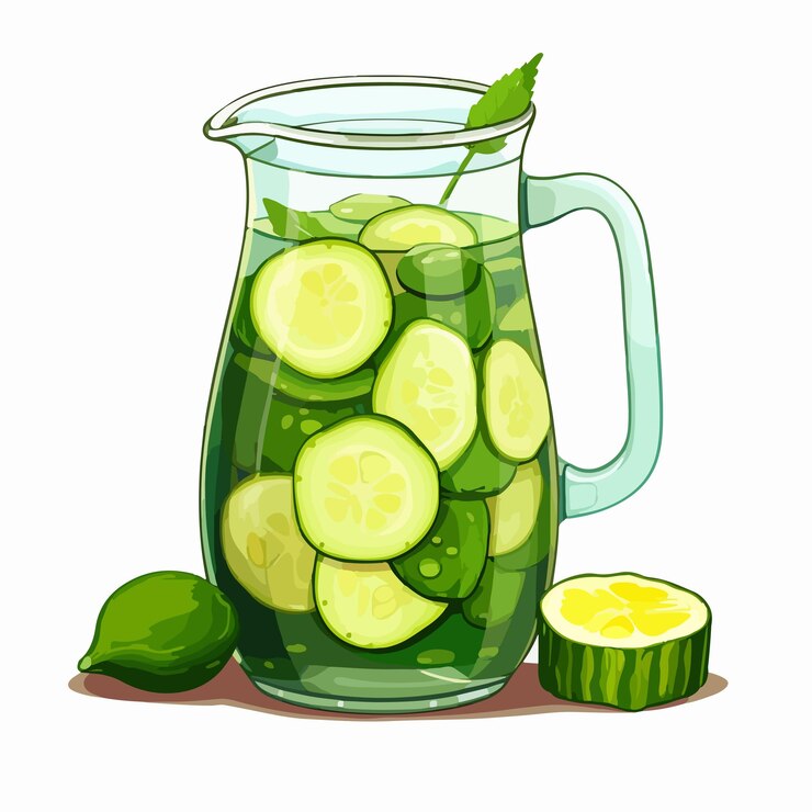 Vector refrescante agua de pepino de desintoxicación en una jarra de vidrio con cuchara