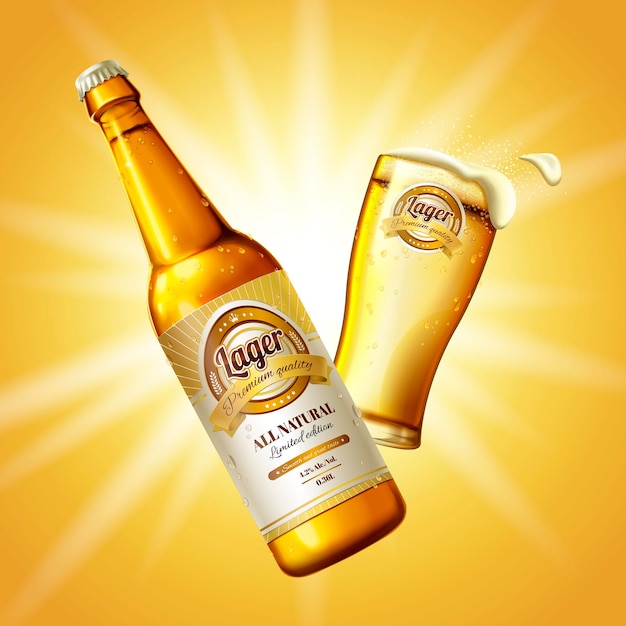Vector refrescante cerveza lager, vaso de cerveza y elementos de botella con diseño de etiqueta aislado en una superficie brillante en la ilustración 3d