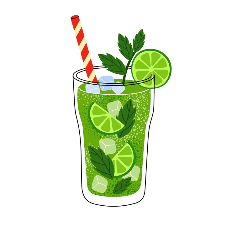 Vector refrescante cóctel de mojito en vaso con rebanadas de lima hojas de menta cubos de hielo y paja a rayas bebida verde de verano ilustración vectorial aislada sobre fondo blanco