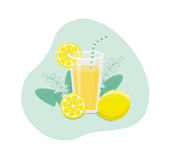 Refrescante ilustración de limonada. vaso con pajita y jarra con limones y cubitos de hielo. eps