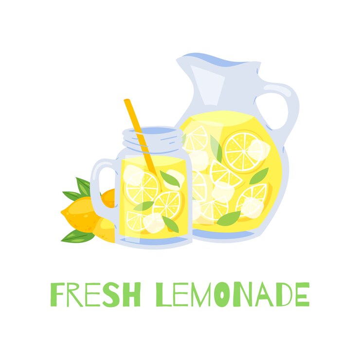 Vector refrescante tarro de limonada con paja y jarra con limones y cubitos de hielo