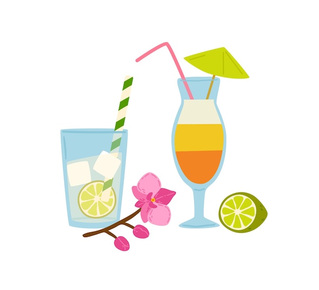 Refrescantes cócteles de verano con pajitas vectoriales ilustración plana. Bebidas frías en vidrio decoradas con paraguas, flores y cal aisladas. Agua con limón, hielo y bebida de alcohol tropical.