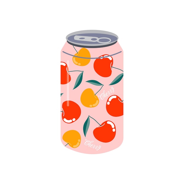 Refresco Ilustración vectorial de lata de aluminio de refresco con cerezas jugosas y etiqueta colorida