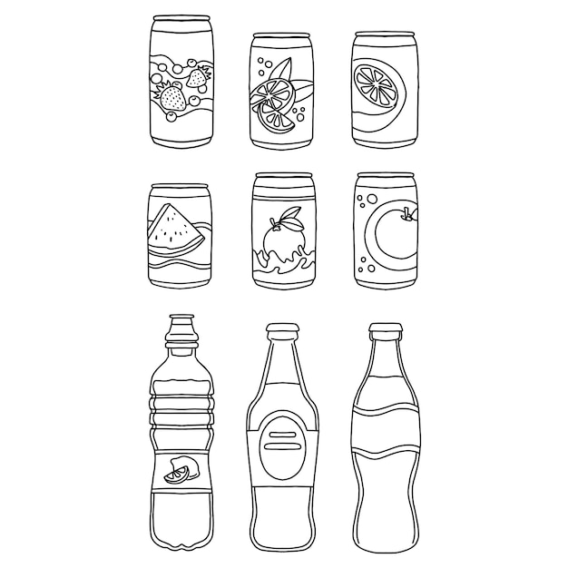 Refresco, mano, dibujado, garabato, ilustraciones, vector, conjunto