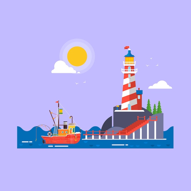 Refresque el transporte plano de Seaway del barco de la pesca del diseño. Faro en fondo del vector de la historieta de la isla de las piedras de la roca.