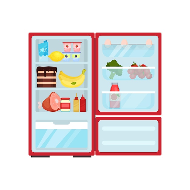 Refrigerador abierto lleno de productos lácteos frutas maduras sabroso pastel pierna de cerdo y salsas huevos verduras frescas y botella de jugo en los estantes de la puerta tema de cocina ilustración de vector plano aislado