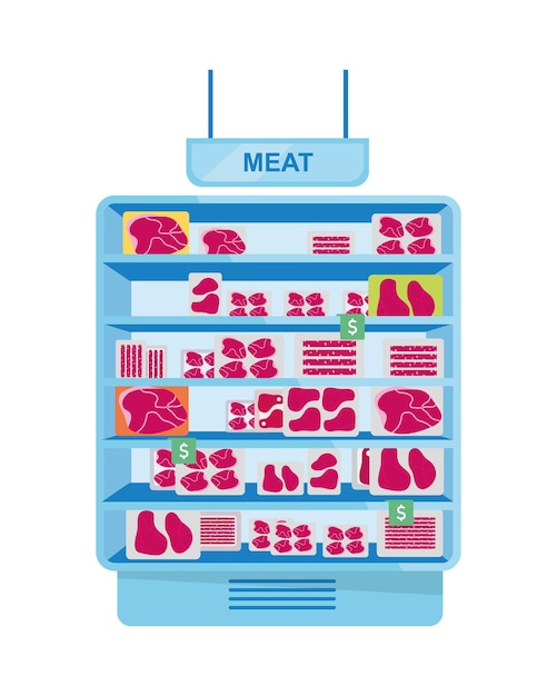 Refrigerador de carne para supermercado objeto vectorial de color semi plano