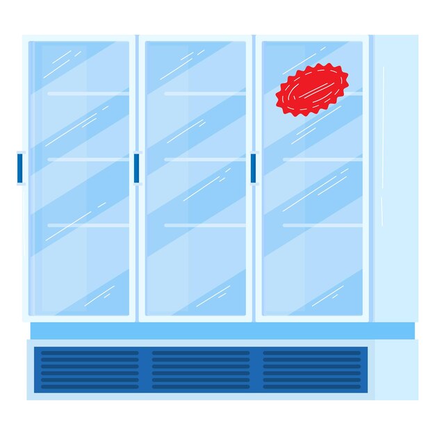 Refrigerador comercial de doble puerta azul con etiqueta de venta roja refrigerador de puerta de vidrio en la tienda con
