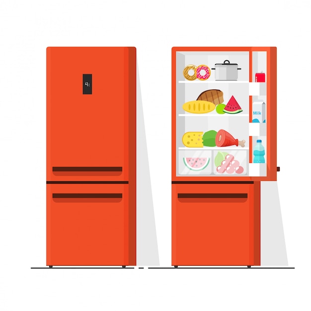 Refrigerador lleno de comida vector ilustración plana de dibujos animados