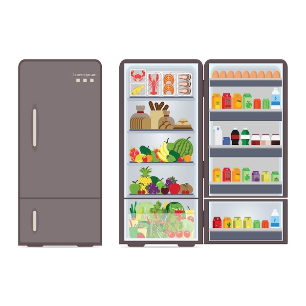 Refrigerador moderno cerrado y abierto lleno de comida y bebida, bebidas, frutas, verduras y mariscos aislados sobre fondo blanco, ilustración vectorial.