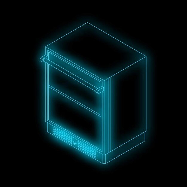 Un refrigerador moderno que brilla con luz de neón azul sobre un fondo oscuro