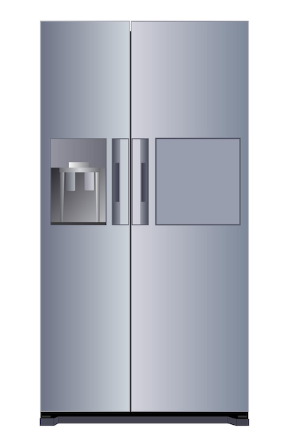 Un refrigerador plateado con una puerta de vidrio que dice "a".