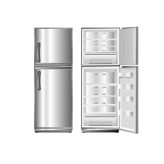 Refrigerador refrigerador conjunto realista de unidades de almacenamiento en frío aisladas con productos abiertos y