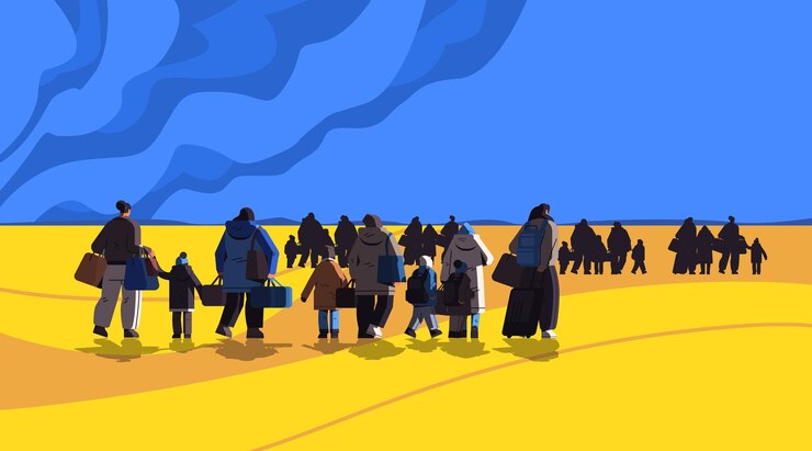 Vector refugiados ucranianos con cosas que huyen de la agresión rusa contra ucrania detener el concepto de guerra personas que buscan nuevos hogares