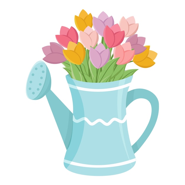 Regadera azul con coloridos tulipanes ilustración vectorial aislada sobre fondo blanco