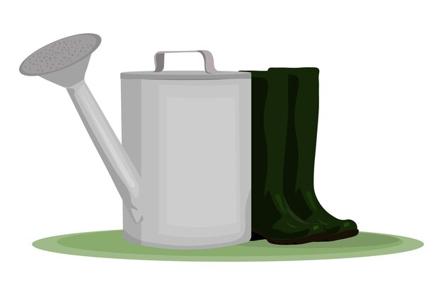 regadera con botas de goma verdes en la hierba en la ilustración de vector de estilo plano