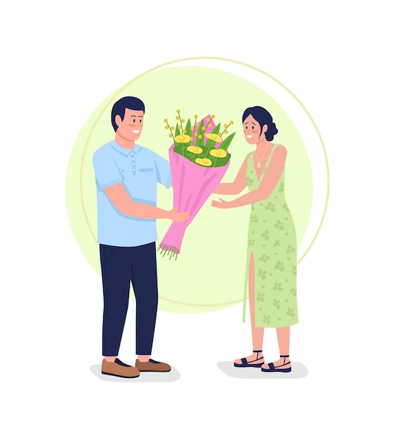 Vector regalar flores en 2d. novio feliz sorprendente novia sonriente con plano de regalo