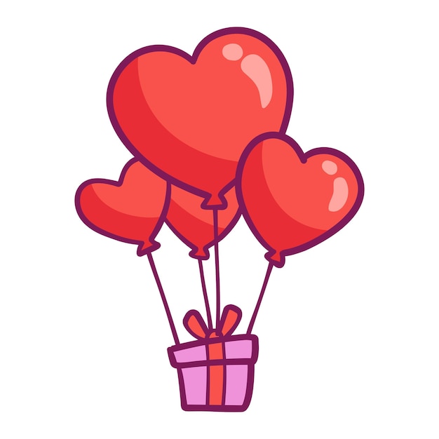 Regalo en una caja con bolas en forma de corazones día de San Valentín