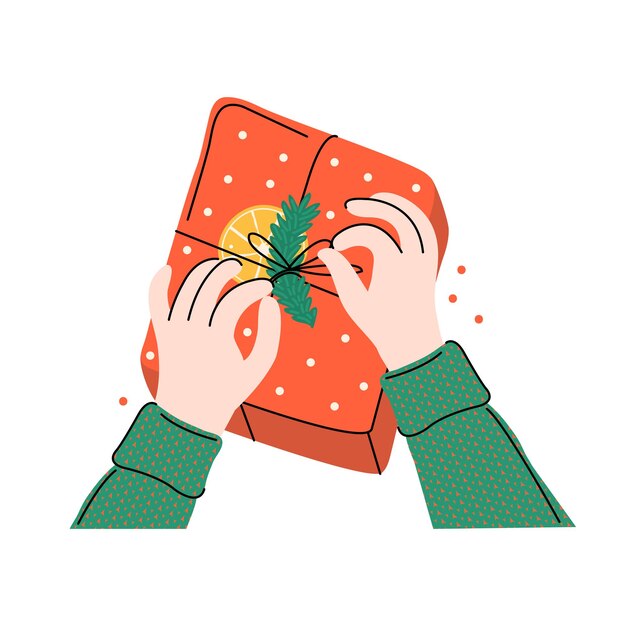 Regalo de caja de Navidad en paquete festivo Regalo de envoltura de manos femeninas Feliz año nuevo