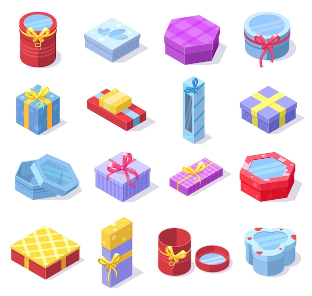 Regalo de celebración de fiesta isométrica cajas de cartón 3d. Cajas de regalo de vacaciones con arcos y cintas aisladas conjunto de ilustraciones vectoriales. Cajas de regalo coloridas festivas