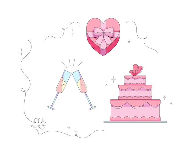 Regalo de champán de boda y un pastel con corazones.