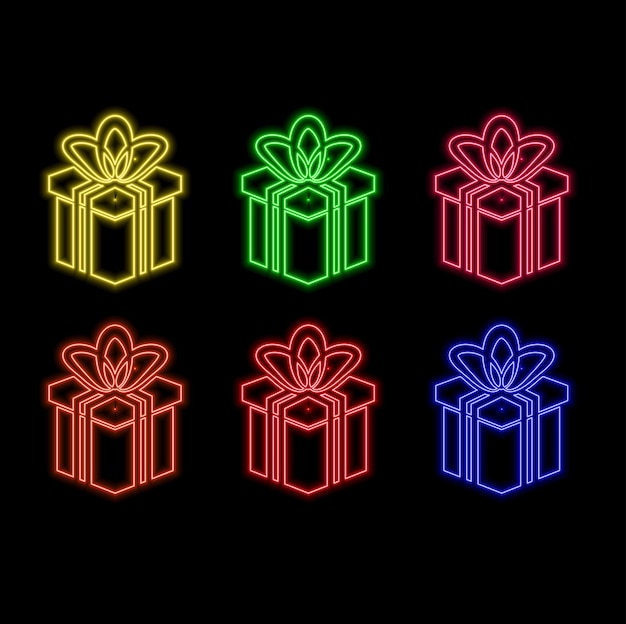 Regalo colorido con icono de neón de arco Caja de regalo Concepto de cumpleaños feliz Banner de efecto brillante exterior Holi