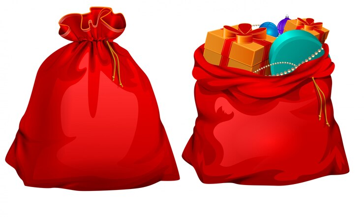 Regalo completo abierto y cerrado bolsa roja de santa claus