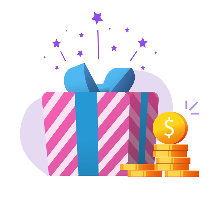 Vector regalo de dinero como donación de caridad, recompensa de bonificación como premio de devolución de dinero, premio mayor suerte presente