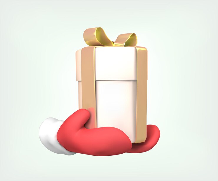 Vector regalo de navidad 3d ilustración aislada regalo de navidad 3d icono de santa mentos sostenen caja de regalo blanca con cinta de oro render 3d