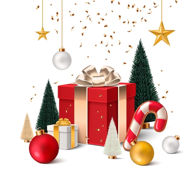 Regalo de Navidad con adornos y fondo de árboles.