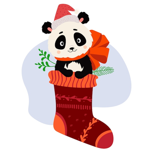 Regalo de Navidad Calcetín de Navidad con lindo panda con gorro de Papá Noel y lazo grande Tarjeta de Año Nuevo