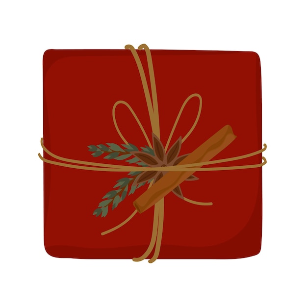 Regalo de Navidad en embalaje artesanal Vista desde arriba Decoraciones tradicionales Material natural para decoración rama de abeto canela picante anís estrellado Dibujado a mano Ilustración vectorial plana