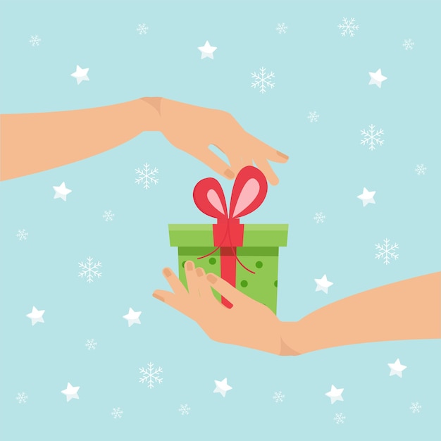 Regalo de Navidad en las manos Ilustración de vector de banner de tarjeta de Navidad en estilo plano
