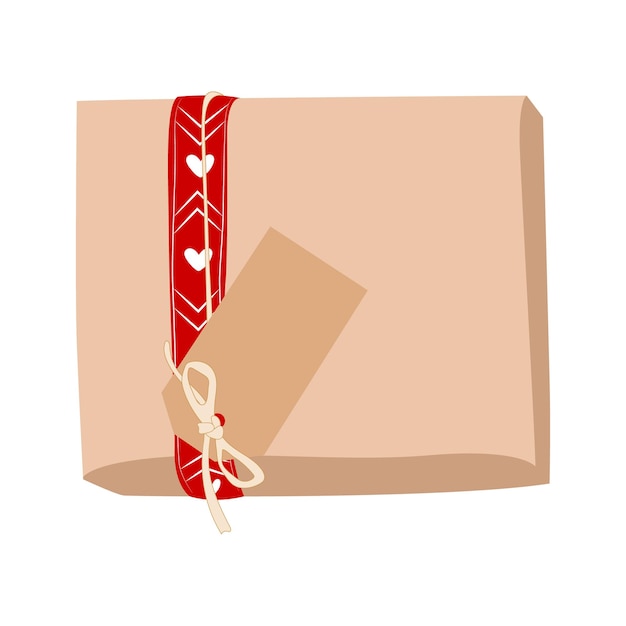 Vector regalo de navidad en papel kraft con cinta roja y tarjeta en estilo plano minimalista aislado