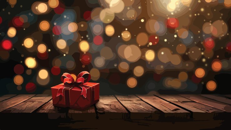 Vector regalo navideño festivo en una mesa de madera contra luces borrosas