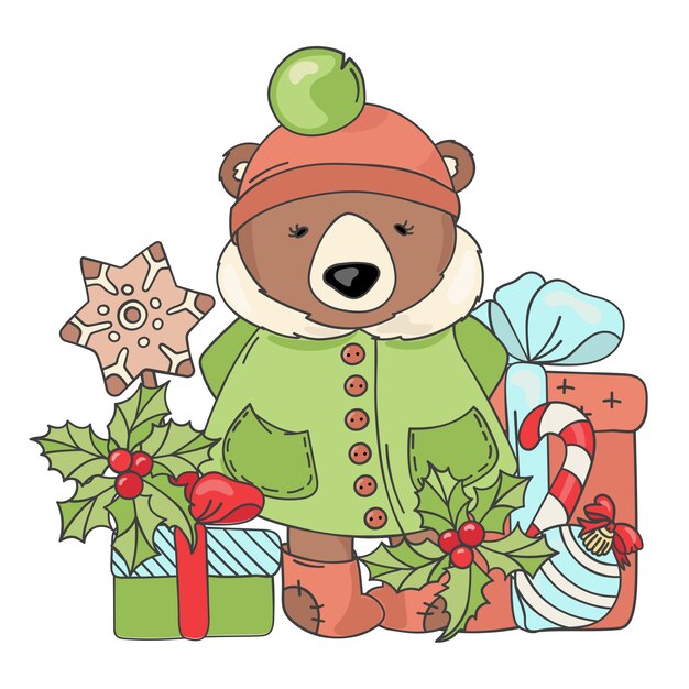 Vector regalo oso feliz navidad de dibujos animados