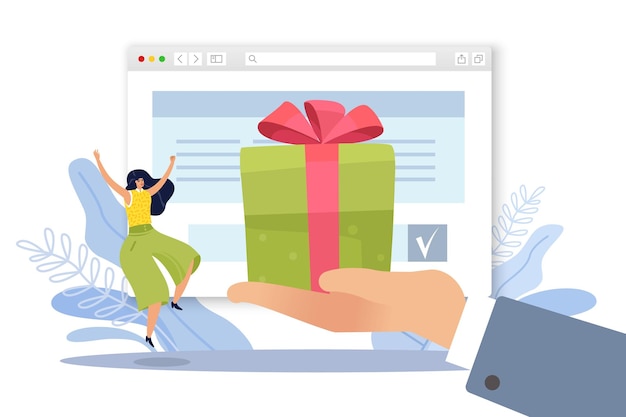 Regalo para los participantes de las tiendas en línea promoción de marketing cliente feliz de la mano de la caja de regalo pantalla de fondo del sitio web banner publicitario concepto de comercio electrónico plano de dibujos animados vectorial