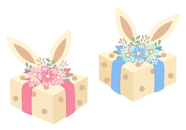 Regalo de Pascua en una caja. Regalo con orejas de conejo rosa y azul. Ilustración vectorial aislada en la espalda blanca