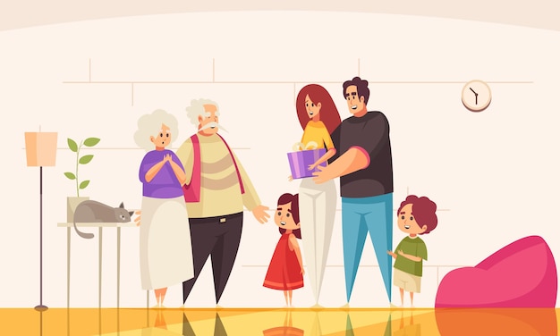 Vector regalo presente composición de personas mayores con vista interior de la habitación del hogar con personajes de doodle de miembros de la familia