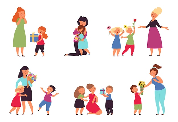 Regalo presente para la madre Flores y abrazos con mamá familia feliz niños y padres festivos Maternidad niño y ramo de tulipanes Saludos para niños conjunto de vectores decentes